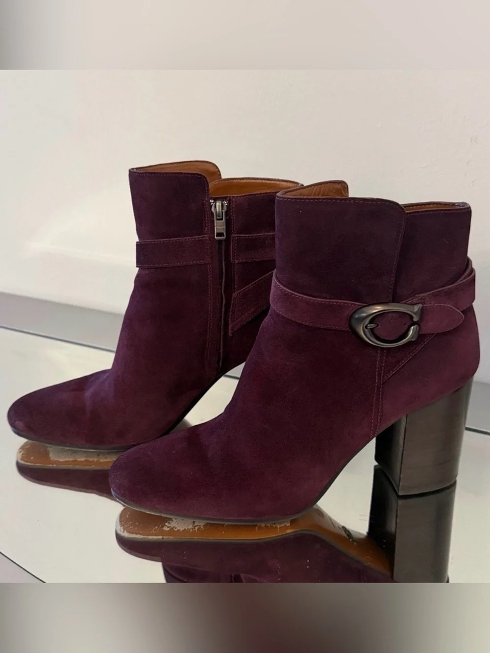 COACH Delaney Burgundy Suede Signature Buckle Ankle Booties Block Heel Size 9